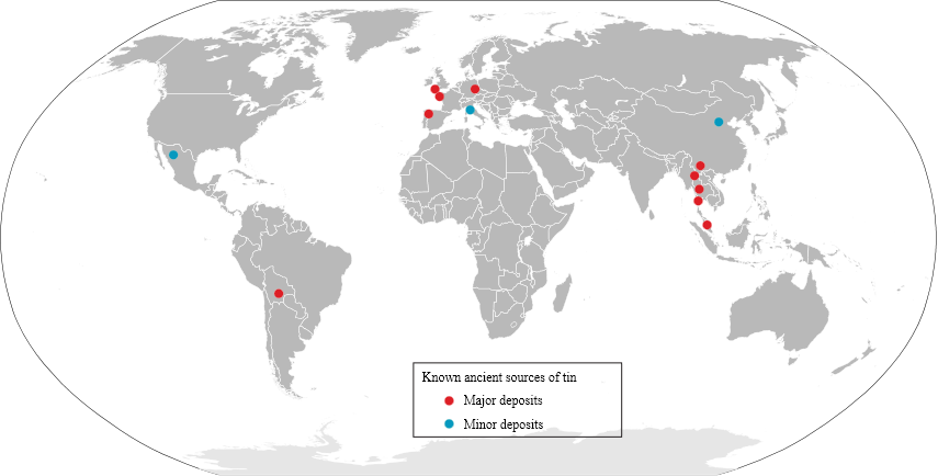 Worldwide, there were only three or four regions that served as major sources of tin in ancient times.  Source: Wikimedia commons