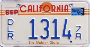 California Sunset Dealer plate, DLR 1314 7A