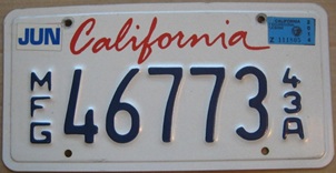White-with-California-in-trendy-script Manufacturer plate, MFG 46773 43A