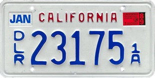 White-with-California-in-block-printing Dealer plate, DLR 23175 1A